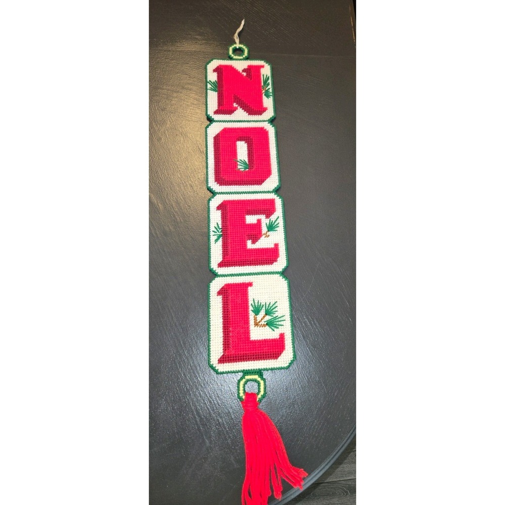 Vintage Handmade Needlepoint NOEL Christmas Wall Hanging Tassel Plastic Canvas